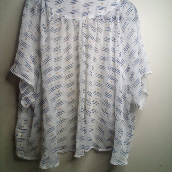 So Open Front Blouse XL Short Sleeve Sheer Patterned White Blue Yellow - Picture 6 of 16